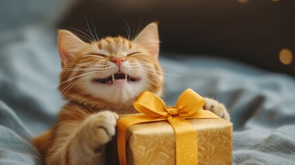 Christmas cat holding a gift