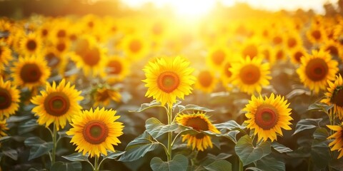 Obraz premium Vibrant sunflower field in bloom showcases a stunning landscape of yellow flowers under the sun, representing the beauty and significance of sunflower cultivation in the vegetable oil industry.