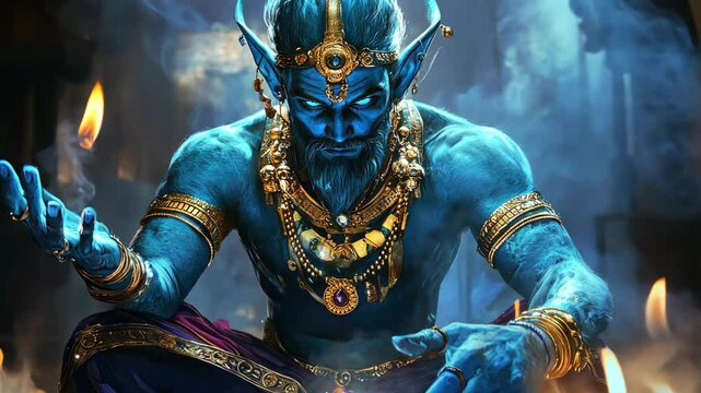 Magic Aladdin lamp. Summon, control a wish granting Genie. Handsome blue giant almighty powerful servant. Man emerges from ancient golden vessel ready to serve, grant wishes. Kid fairy tale.