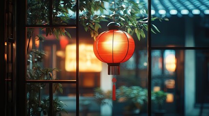 A red lantern hangs in the window. Outside is an ancient Chinese street with soft lighting and warm...