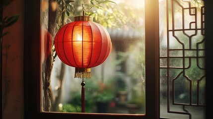 A red lantern hangs in the window. Outside is an ancient Chinese street with soft lighting and warm...