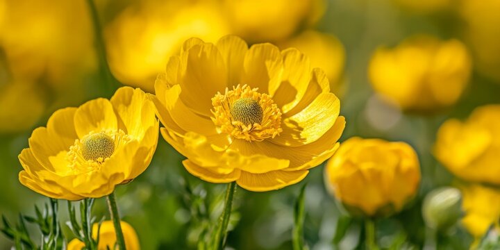 Close up of Great Spearwort Ranunculus lingua , showcasing its vibrant yellow flower. This beautiful flower represents the charm of British wild flowers with its striking appearance and allure.