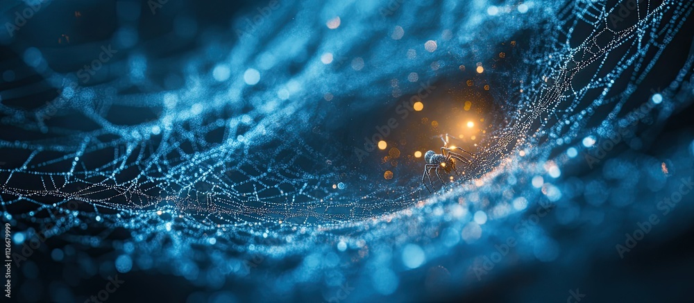 Wall mural abstract blue glowing network mesh with bokeh lights.