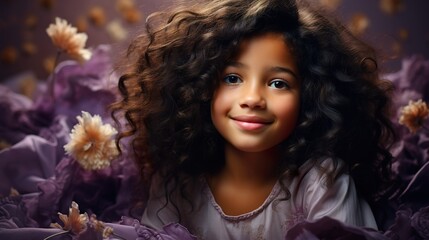 Cute little girl portrait on studio background, smiling child in purple  HD 8K wallpaper Stock Photographic Image