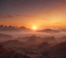 Fototapeta premium misty fog lifts slowly revealing a brilliant orange glow in the eastern horizon, orange glow, morning atmosphere, warm light