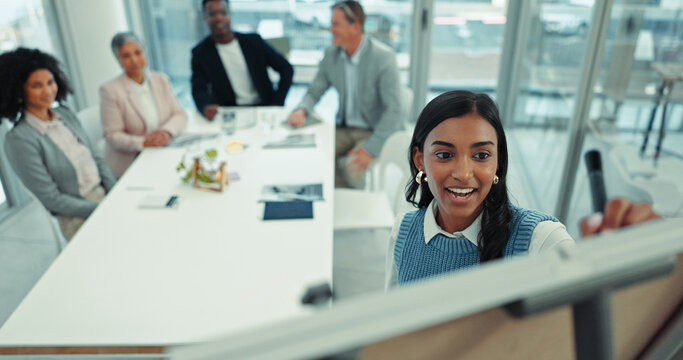 Coaching, presentation and writing with business woman in meeting for workshop, brainstorming and public relations. Clients, project management and media campaign with people in office for proposal