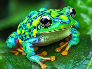 colorful frog resting on green leaves