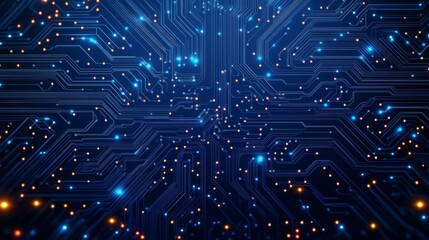 Thin circuit trace lines in blue on a dark technology background. Abstract digital tech background