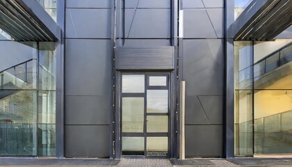 Close-Up of Modern Architecture: A Stunning View of an Industrial or Office Building Featuring a Sleek Metal Wall and Expansive Glass Facade, Showcasing Contemporary Design Elements and