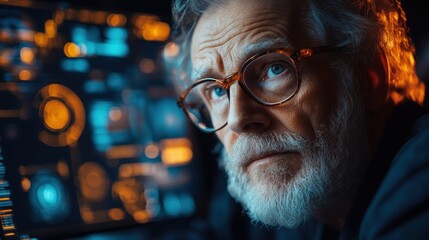 Senior male tech expert with glasses examining data visualization. Caucasian man in 60s with white beard against futuristic digital interface background. 8k technology concept backdrop