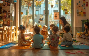 Happy sunny daycare poster. Morning circle time in a kindergarten, laughing children playing with toys, sitting on the floor with a teacher. Happy childhood banner. Diversity concept.