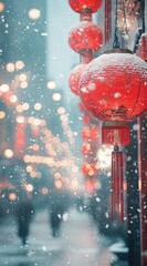 Chinese New Year, red lanterns hanging on the streets of an ancient city in winter, snow falling,...