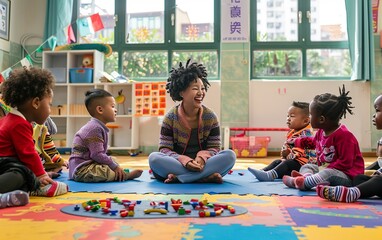 Happy sunny daycare poster. Morning circle time in a kindergarten, laughing children playing with toys, sitting on the floor with black female teacher. Happy childhood banner. Diversity concept.