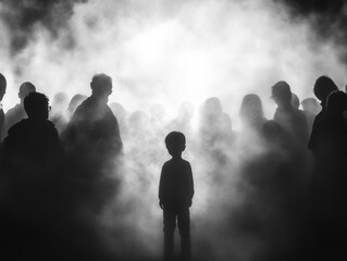 child standing alone in foggy crowd