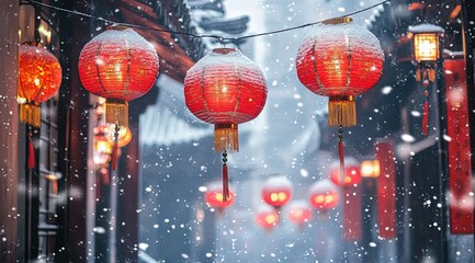 Chinese New Year, red lanterns hanging on the streets of Chinese cities in winter, snow falling