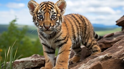 Obraz premium Cute little striped bengal tiger cub standing in a high rock in safari, African wildlife nature 