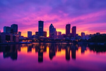 Obraz premium stunning sunset over city skyline reflecting on water