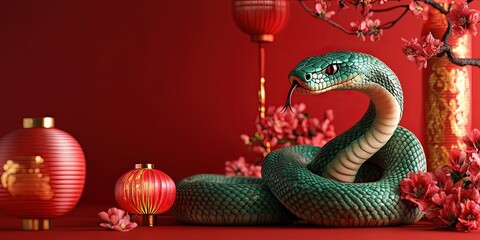 A green snake on the red ground, as the symbol of 2025, next to it is an ancient Chinese tree with hanging lanterns and gold ingots, creating a Chinese New Year atmosphere