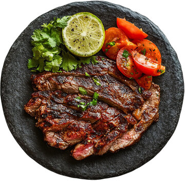 Top view of a delicious looking bistec a la mexicana on a dark stone plate isolated on a white transparent background