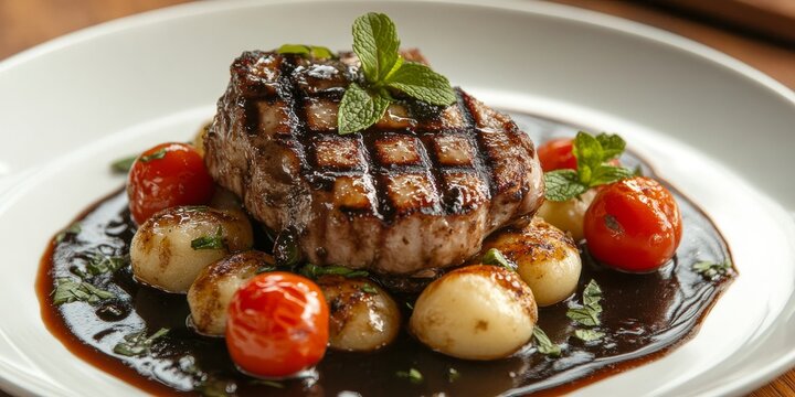 Grilled porky neck served with gnocchi and a rich demi glace sauce, garnished with cherry tomatoes and fresh mint, creating a delightful dish featuring tender porky neck flavors.