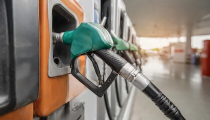 CloseUp of a Gas Station Pump Nozzle Capturing the Intricacies of Fuel Dispensing Technology and Convenience for Drivers at Modern Fuel Stations