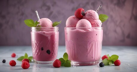 Pink berry ice cream in a colorful glass jar garnished with a few stalks of fresh mint and a handful of raspberries and dewberries , mint, garnish