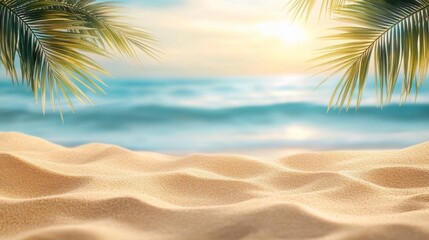 Obraz premium beach sand with palm branches on the background of the sea