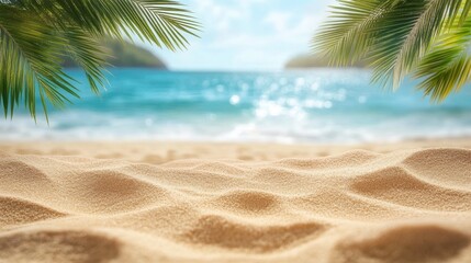 beach sand with palm branches on the background of the sea