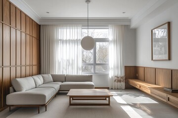 Fototapeta premium Minimalist interior design in the living room of a house decorated with wood and with a sofa and table. Generative AI 