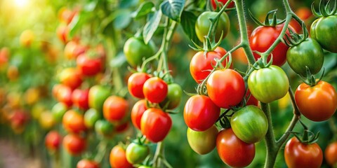 Obraz premium Tilt-Shift Photography: Organic Village Tomatoes, Red Ripe & Green Unripe, Healthy Vegetable Garden