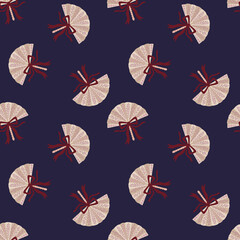 Seamless pattern with delicate hand lace fans adorned with bow ribbons. Elegant and feminine design, perfect for textiles, wallpaper, wrapping paper, stationery, crafts, and home decor.