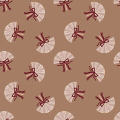 Seamless pattern with delicate hand lace fans adorned with bow ribbons. Elegant and feminine design, perfect for textiles, wallpaper, wrapping paper, stationery, crafts, and home decor.