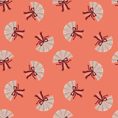 Seamless pattern with delicate hand lace fans adorned with bow ribbons. Elegant and feminine design, perfect for textiles, wallpaper, wrapping paper, stationery, crafts, and home decor.