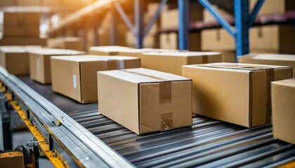Closeup of Multiple Cardboard Box Packages Seamlessly Moving Along a Conveyor Belt in a Warehouse Environment, Showcasing Efficient Logistics and Modern Supply Chain Management Techniques