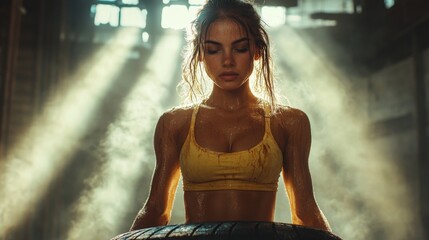 A woman in a yellow sports bra lifts a large tire in a gym setting. Sunlight streams through windows, creating a dramatic atmosphere filled with steam. She exhibits focus and determination.