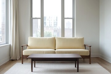 Fototapeta premium A modern minimalist interior design in the living room with a small sofa and table. Generative AI 