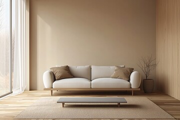 A modern minimalist interior design in a small living room with sofa and table views. Generative AI
