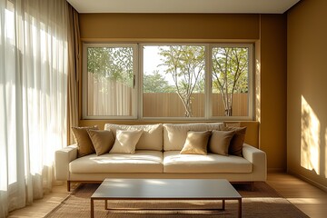 Fototapeta premium A modern minimalist interior design in a small living room with sofa and table views. Generative AI 