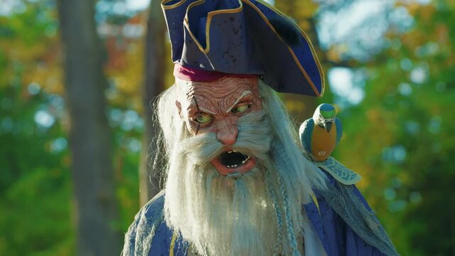 Close-up of a creepy pirate figure with a weathered face, long beard, and a colorful parrot on the shoulder, set against a vibrant outdoor background.