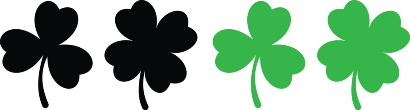 Four shamrock icons in contrasting black and green. Perfect for St. Patrick's Day themes, symbolizing Irish luck and festive celebrations