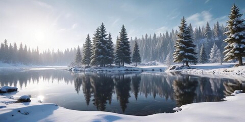 Obraz premium Snowy Landscape with Frozen Lake and Christmas Trees, frosty atmosphere, snowy landscape, serene environment