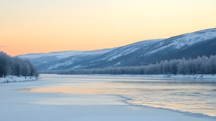 Fototapeta premium Scenic Morning on a Frozen Lake with Snow-Capped Peaks