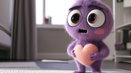 cute fluffy purple monster toy holding a heart with big eyes