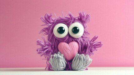 Obraz premium cute fluffy purple monster toy holding a heart with big eyes