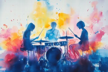 Watercolor Band Playing Drums