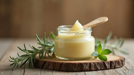 Homemade herbal body butter in jar, natural skincare product
