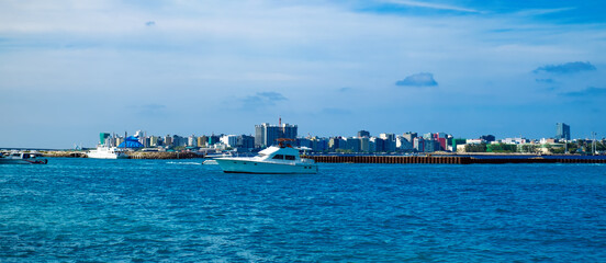 Male city of Maldives, tropical island urban skyline with modern district and commercial center,...