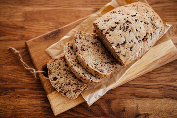 Homemade banana bread on wooden table