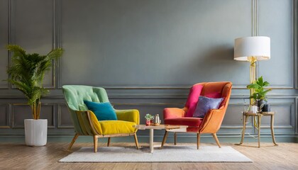 Colorful Armchair in Modern Luxury Style A Stunning Living Room Interior Design Featuring a Vibrant Armchair Against an Empty Wall, Perfect for Contemporary Home Decor Inspiration