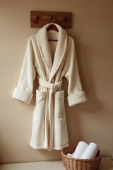 Cozy white bathrobe hanging on wooden hook, spa luxury